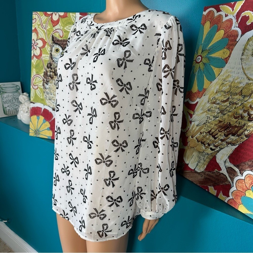 Talbots Blouse Plus Size Women's XL Sheer Long Sleeve Black White Bow Print - Picture 7 of 10